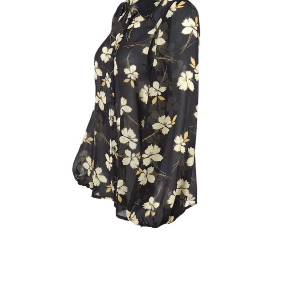 CAbi Black and White Floral Sheer Blouse with Notched Collar - Picture 5 of 6